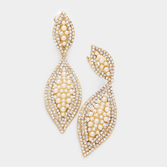 Pearl & Crystal Marquise Clip on Earrings on Gold