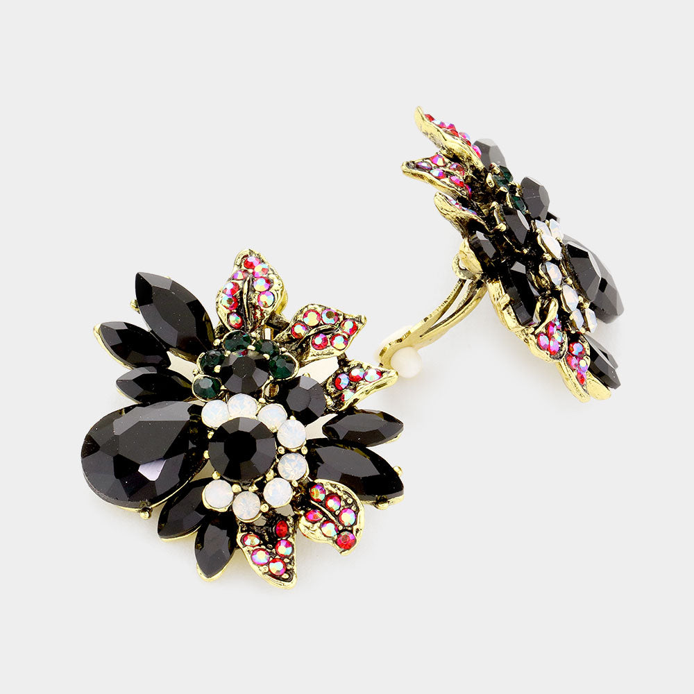 Floral Multi Stone Black Crystal Clip On Pageant Earrings | Interview Earrings