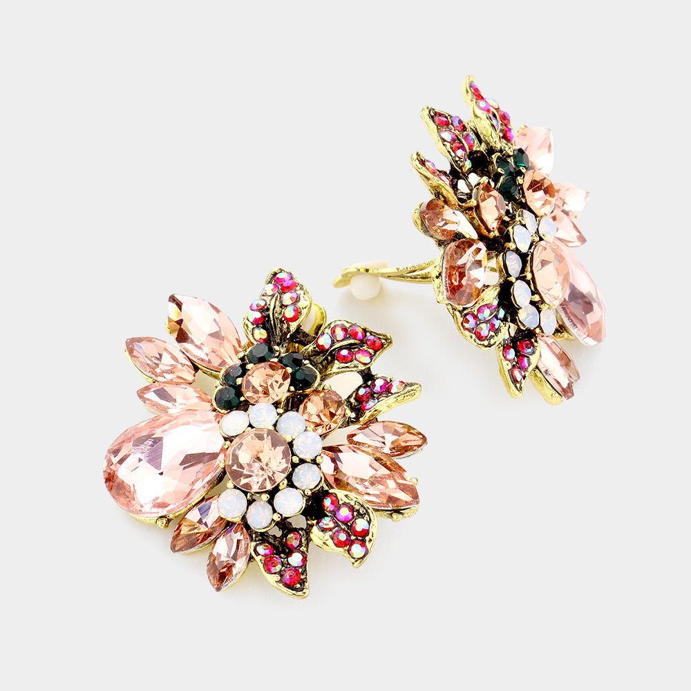 Floral Multi Stone Peach Crystal Clip On Pageant Earrings | Interview Earrings