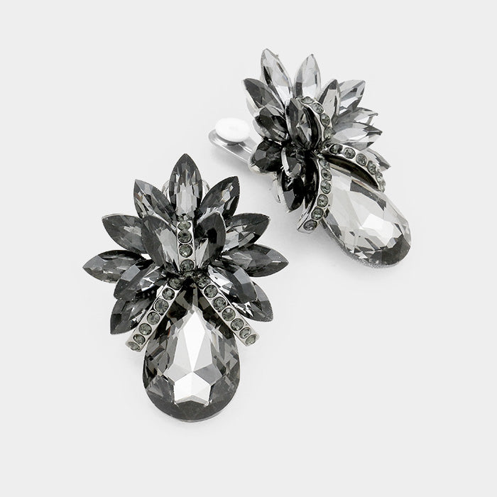 Black Diamond Crystal Petal Teardrop Clip On Pageant Earrings  | Prom Earrings 