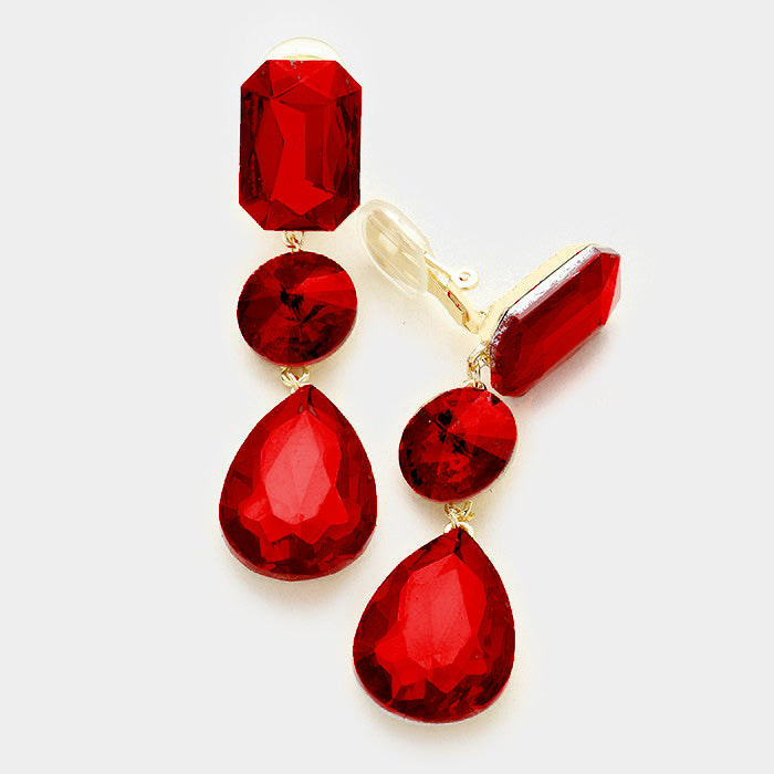 Red Crystal Triple Drop Geometric Shape Clip On Pageant Earrings on Gold  | Prom Earrings | 249185