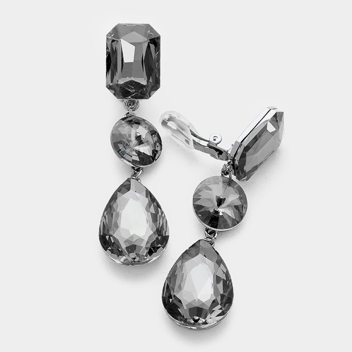 Black Diamond Crystal Triple Drop Geometric Shape Pageant Earrings on Gun Metal | Prom Earrings
