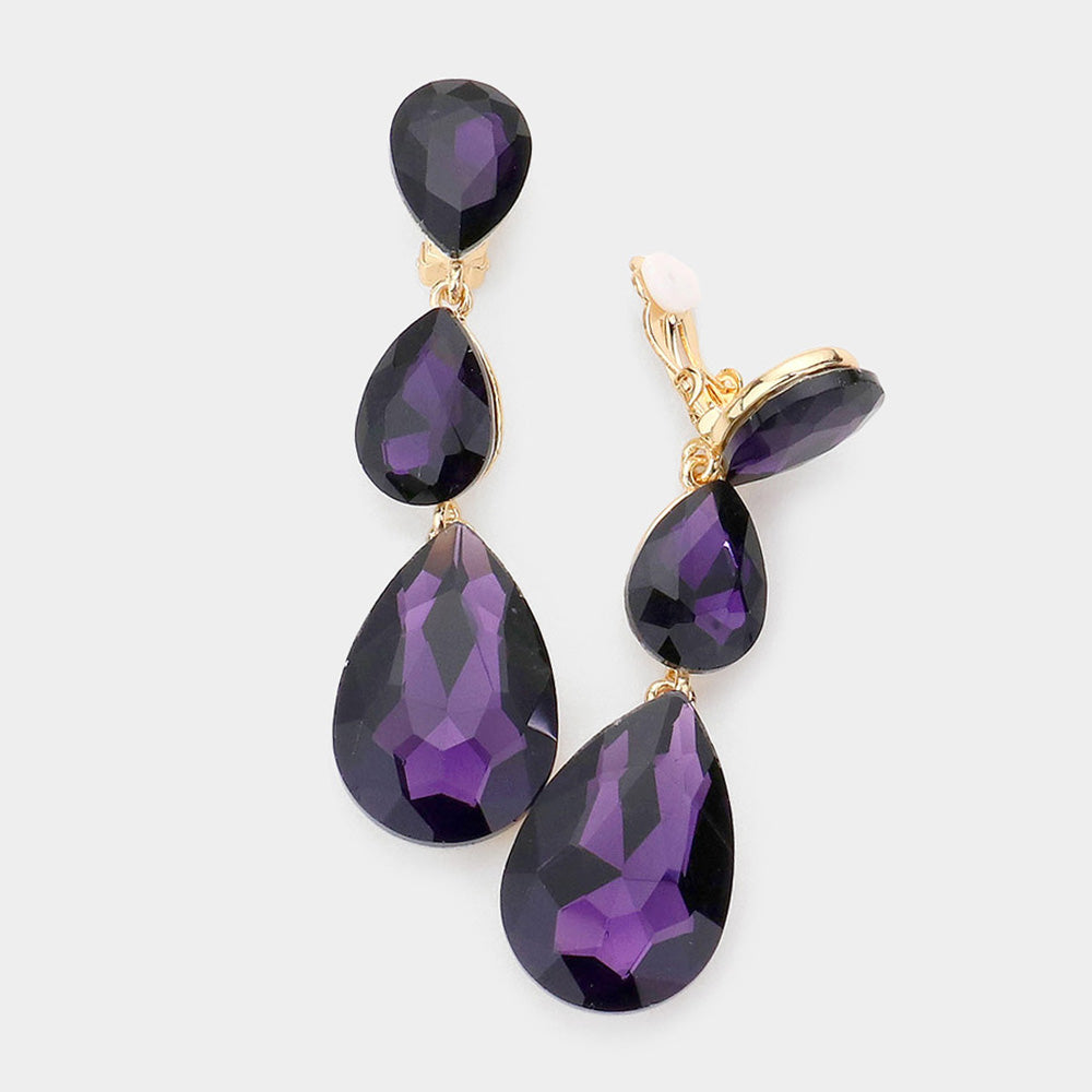 Purple Crystal Triple Teardrop Clip-on Pageant Earrings 