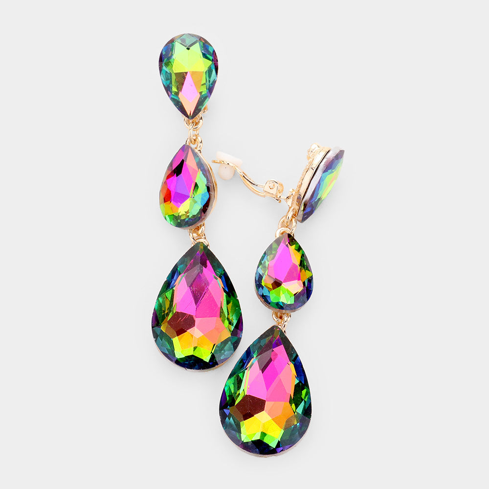 Multi-color Crystal Triple Teardrop Clip-on Pageant Earrings