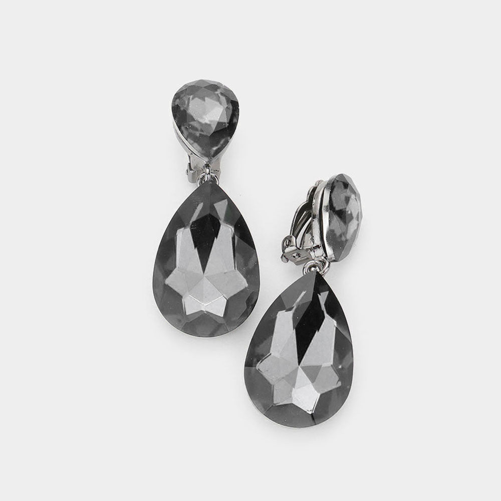 Black Diamond Crystal Double Teardrop Clip on Dangle Earrings  | Pageant Earrings