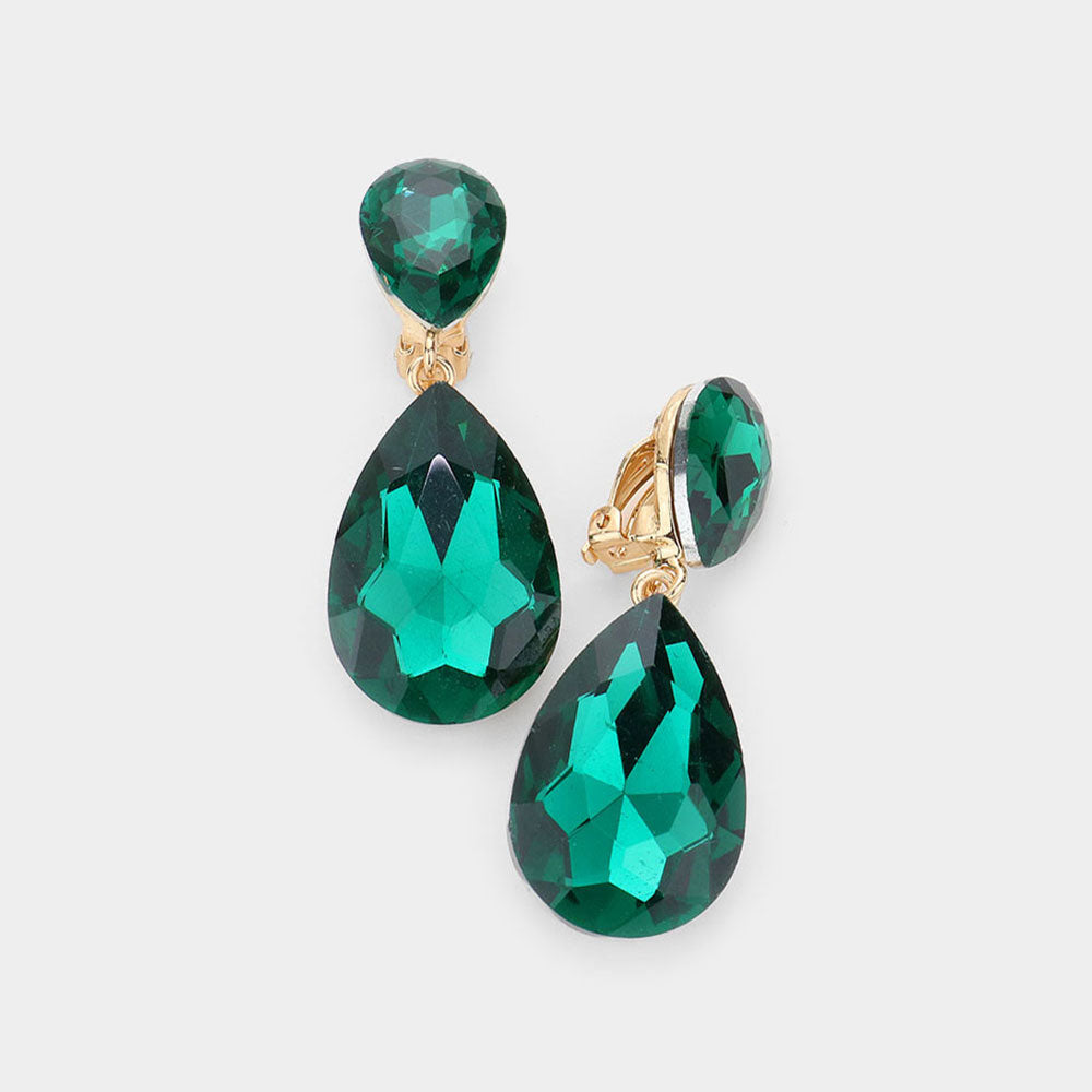 Emerald Crystal Double Teardrop Clip on Dangle Earrings   | Pageant Earrings