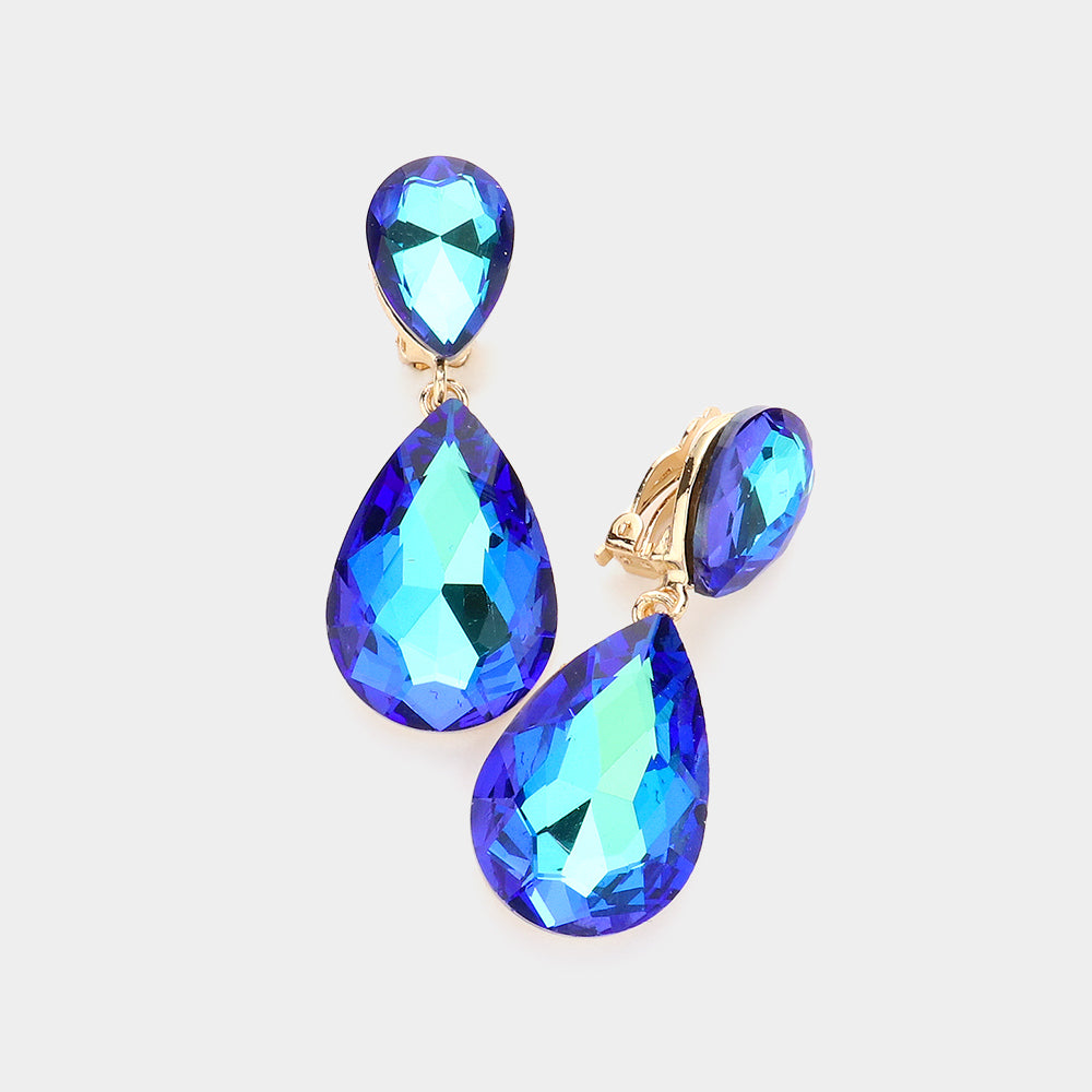 Blue Crystal Double Teardrop Clip on Dangle Earrings  | Pageant Earrings