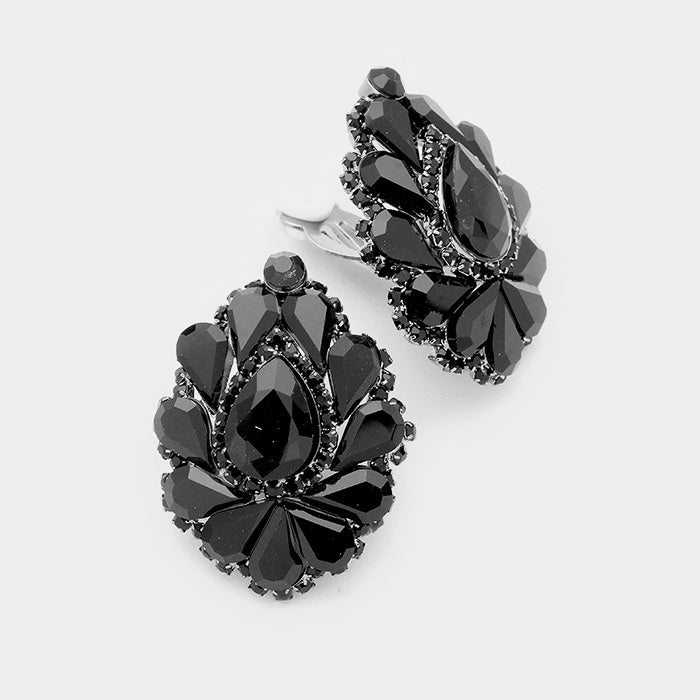 Black Crystal Cluster Teardrop Clip on Earrings