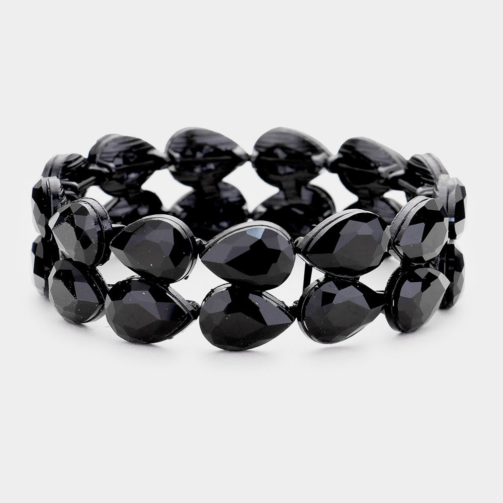 Jet Black Double Row Crystal Teardrop Stretch Bracelet