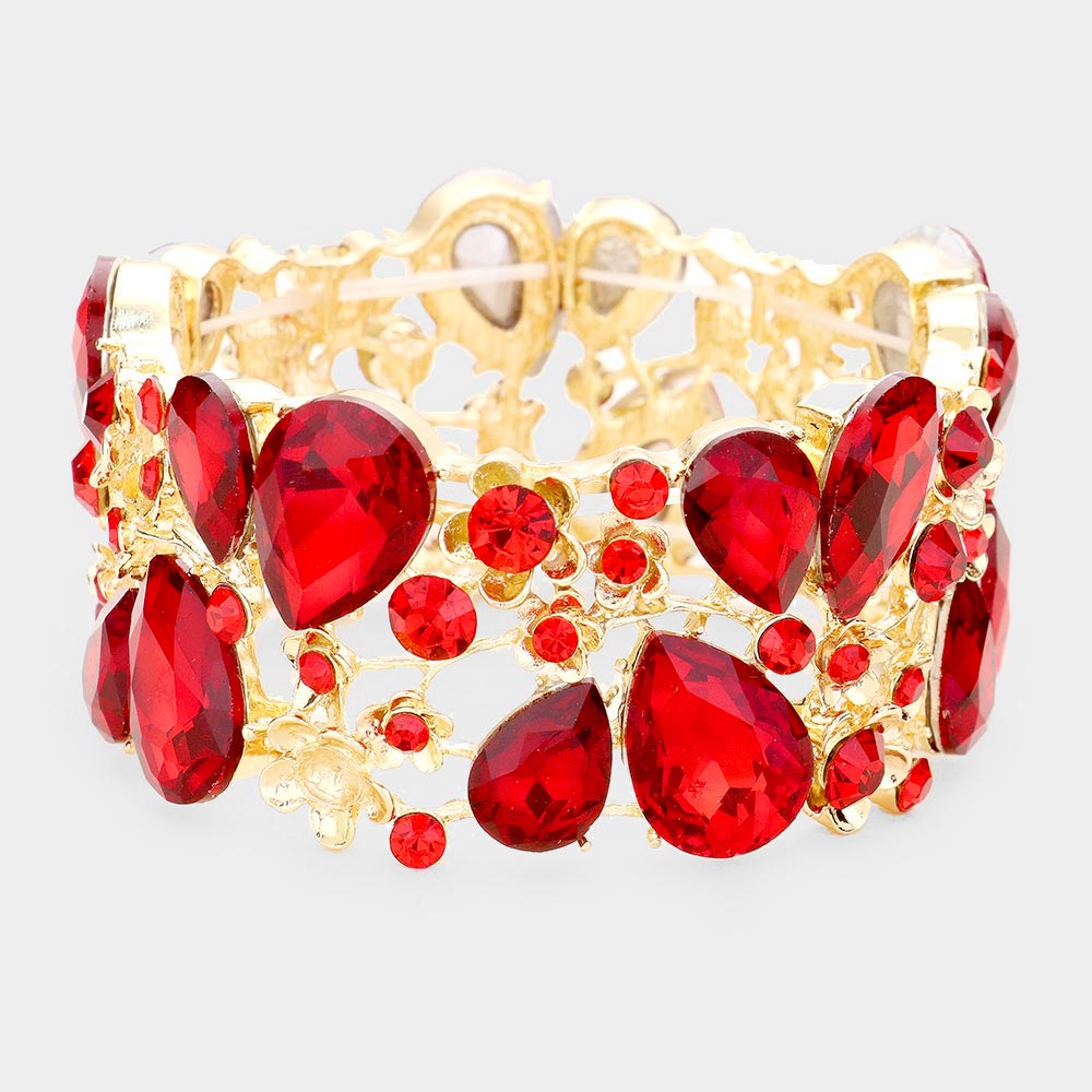 Red Crystal Teardrop Floral Stretch Bracelet on Gold