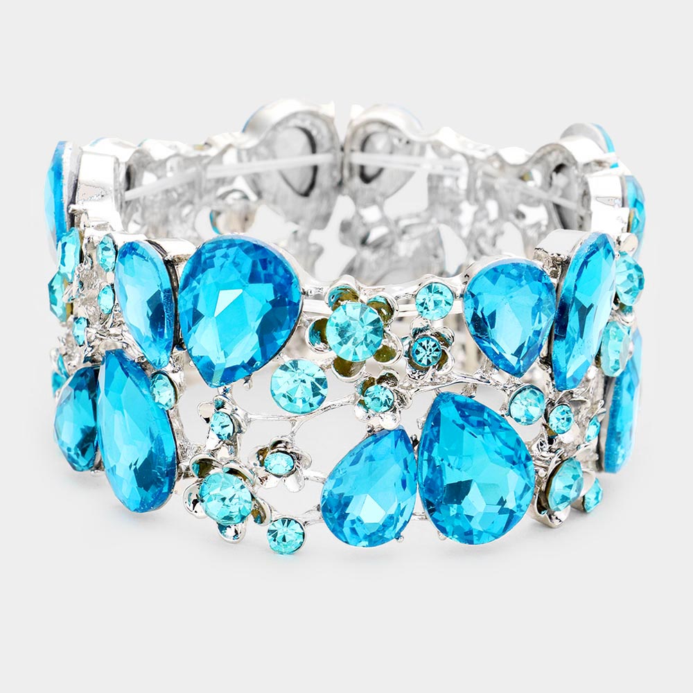 Aqua Crystal Teardrop Floral Stretch Bracelet