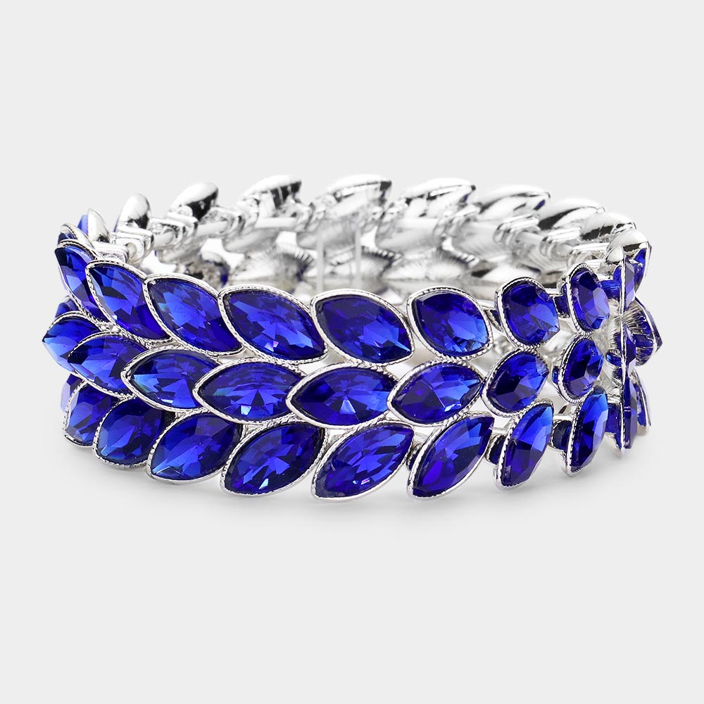 Three Row Sapphire Crystal Marquise Stone Cluster Stretch Pageant Bracelet  | Prom Bracelet