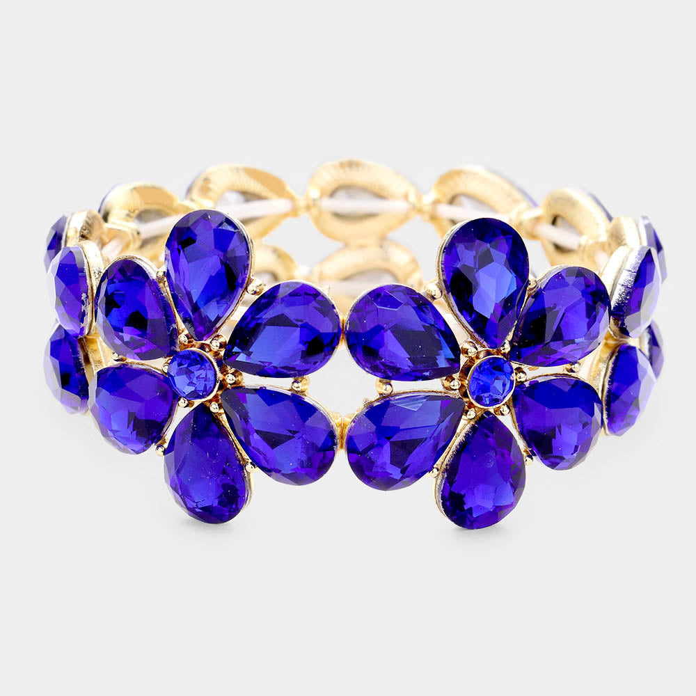 Royal Blue Crystal Floral Teardrop Prom Bracelet | Pageant Bracelet