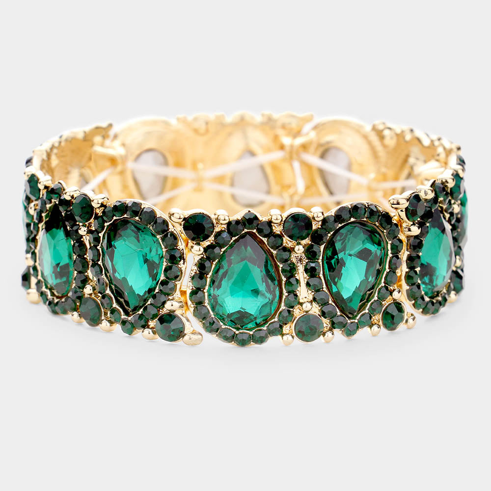 Slim Emerald Crystal Pear and Rhinestone Stretch Bracelet | Pageant Jewelry