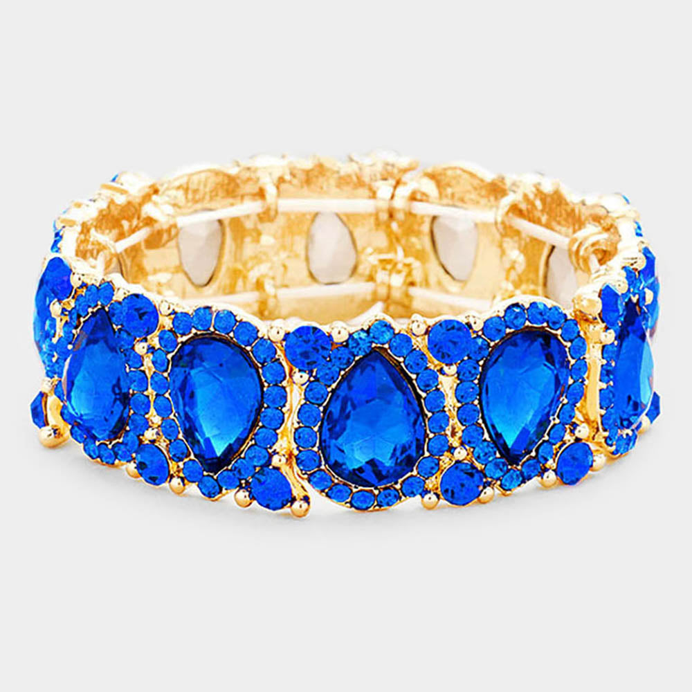 Slim Sapphire Crystal Pear and Rhinestone Stretch Bracelet on Gold  | Pageant Jewelry