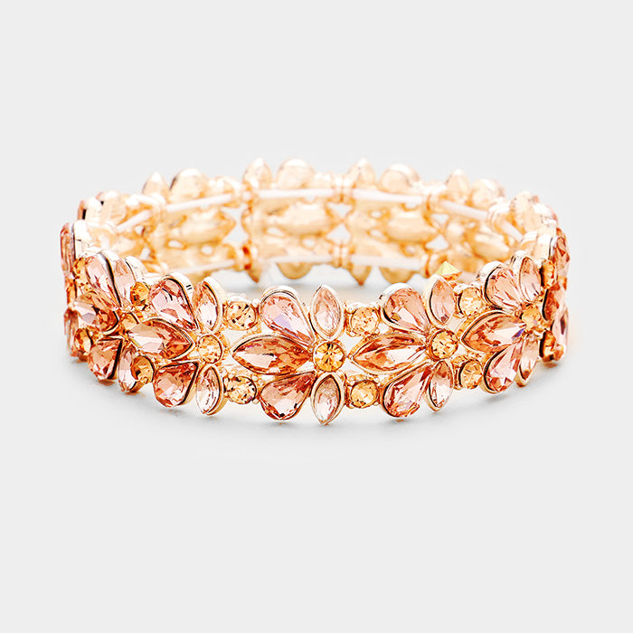 Peach Crystal Flower Stretch Pageant Bracelet on Rose Gold  | Prom Bracelet