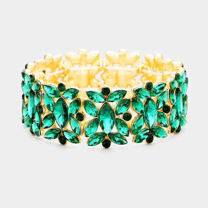 Emerald Crystal Floral Pageant Stretch Bracelet on Gold | Prom Bracelet