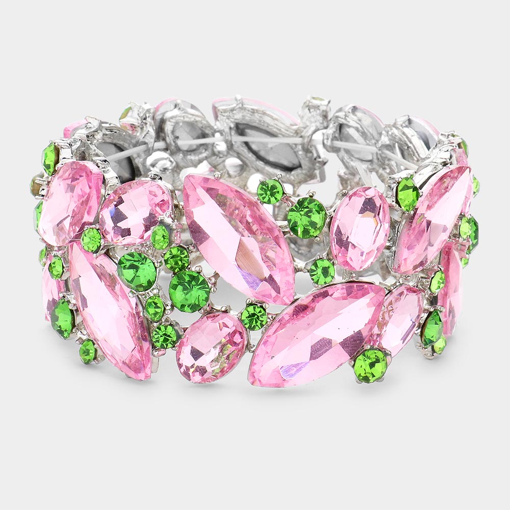 Pink & Green Crystal Marquise Stretch Statement Bracelet