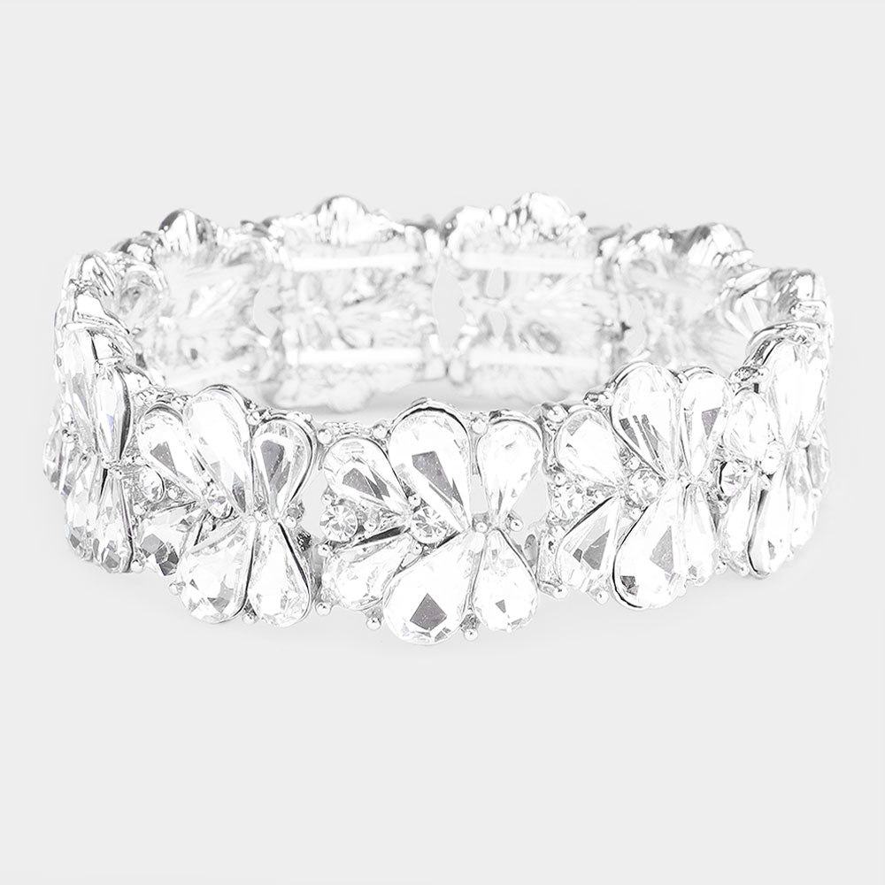 Clear Crystal Teardrop Cluster Stretch Pageant Bracelet  | Prom Bracelet