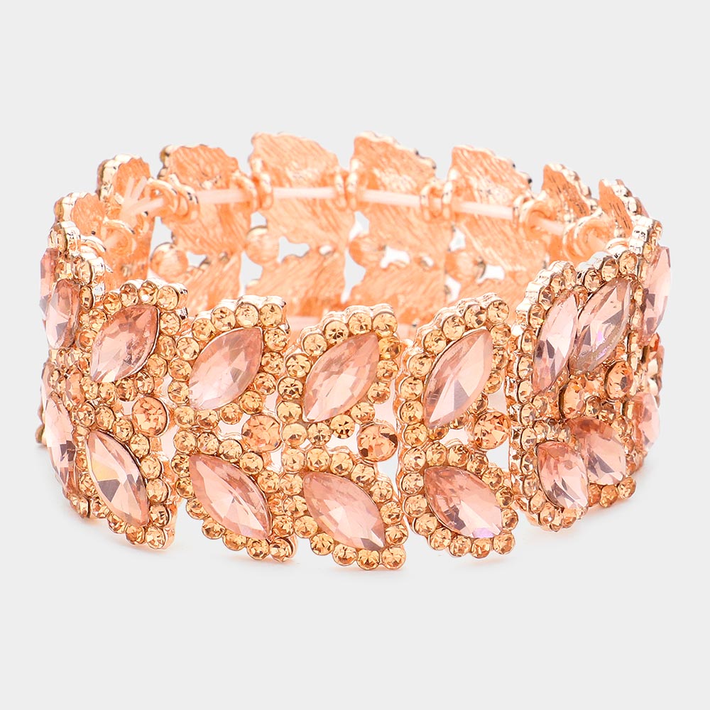 Peach Crystal Marquise Stone Stretch Pageant Bracelet  | Large Bracelet