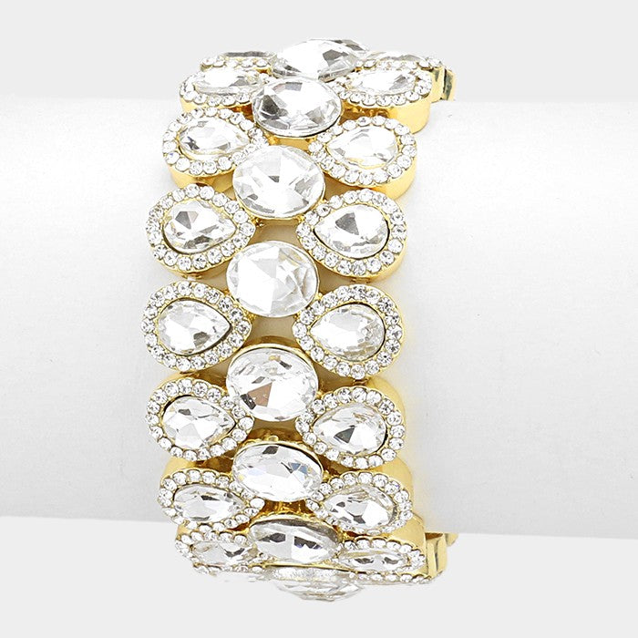 Clear triple-row glass crystal stretch evening bracelet on Gold