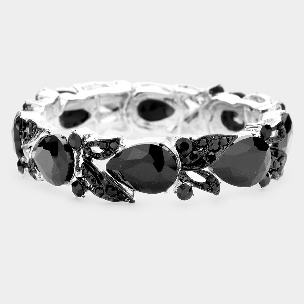 Pear Shape Black Crystal and Rhinestone Stretch Pageant Bracelet | Prom Bracelet