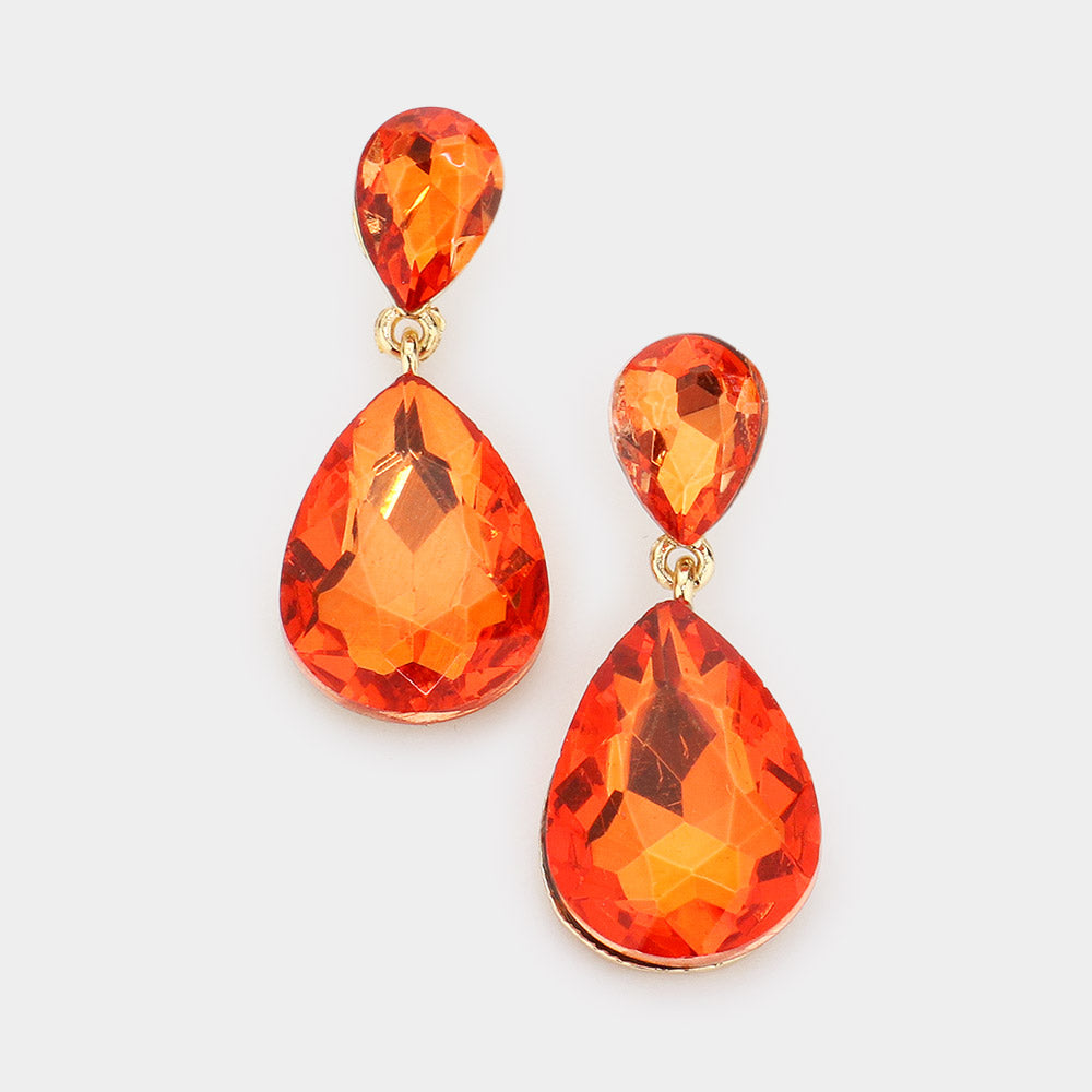 Little Girls Double Orange Crystal Teardrop Evening Earrings