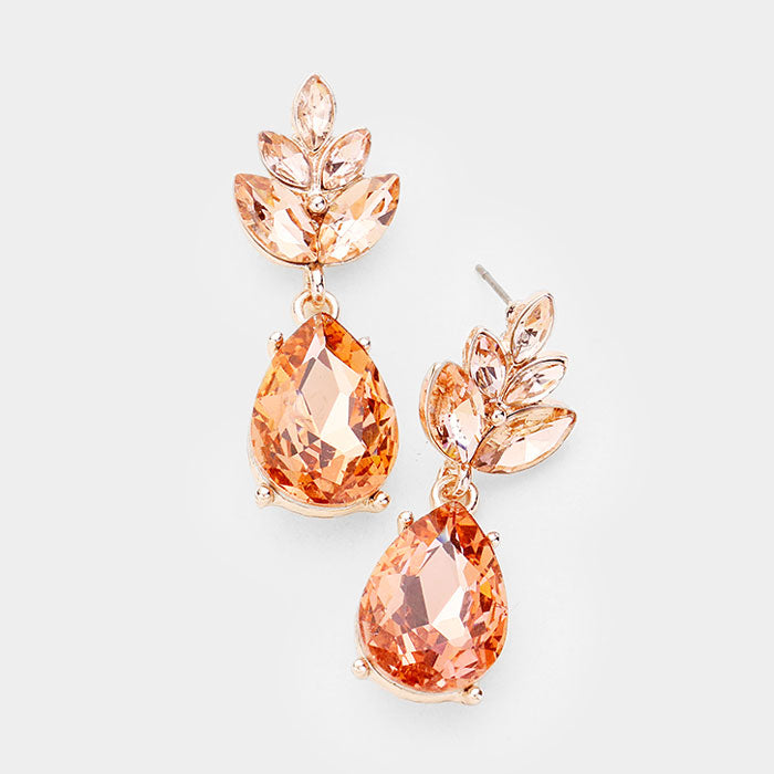 Peach Crystal Teardrop Cluster Vine Evening Earrings