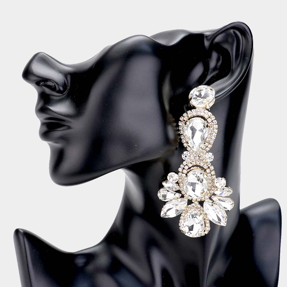 Clear Crystal Rhinestone Pave Drop Evening Earrings on Gold