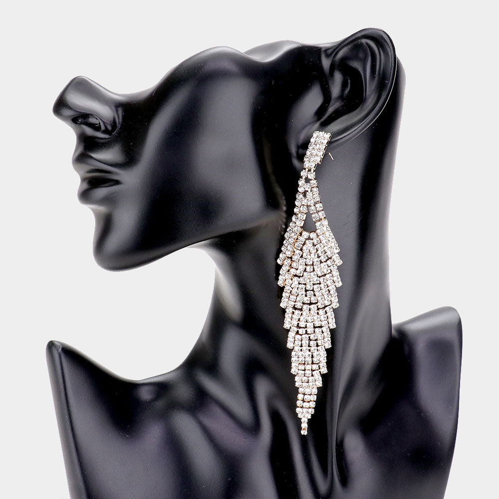 Clear Rhinestone Pave Fringe Pageant Earrings | Homecoming Jewelry on Gold