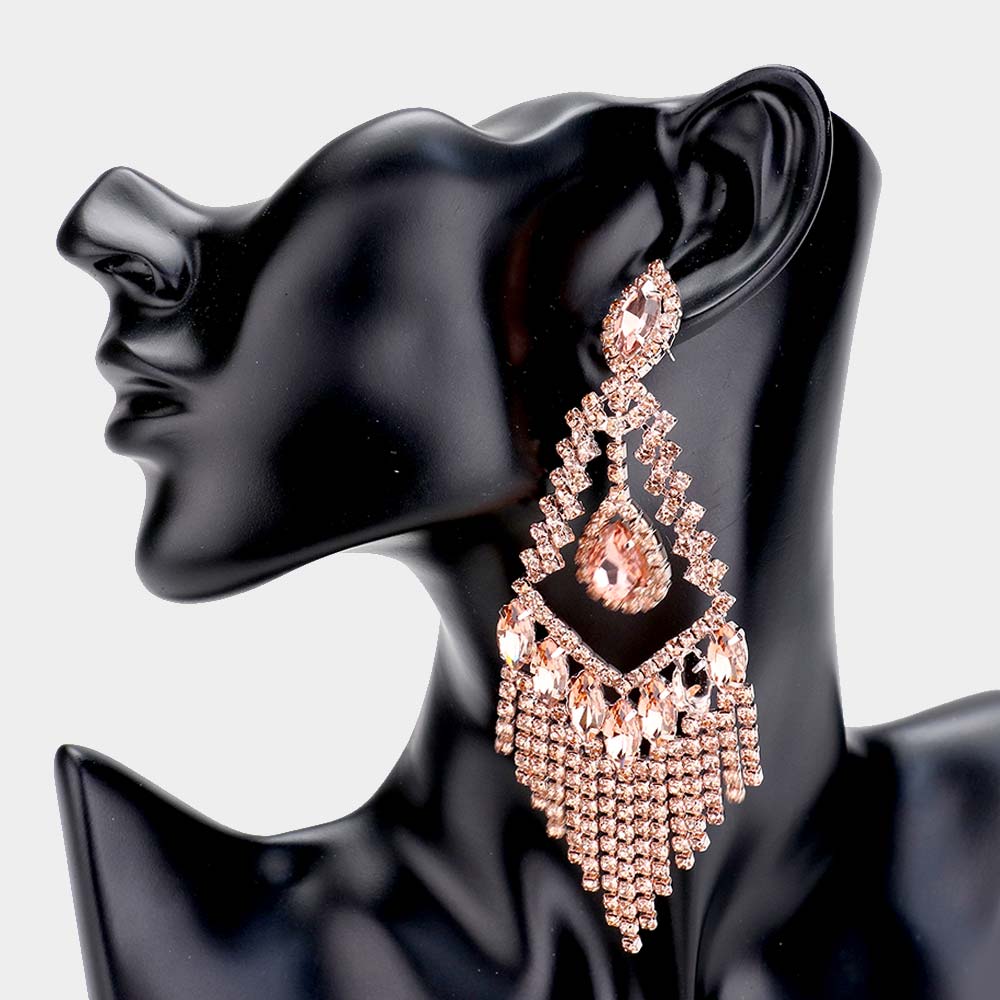 Lightweight Peach Crystal Chandelier Pageant Earrings on Rose Gold| Prom Earrings