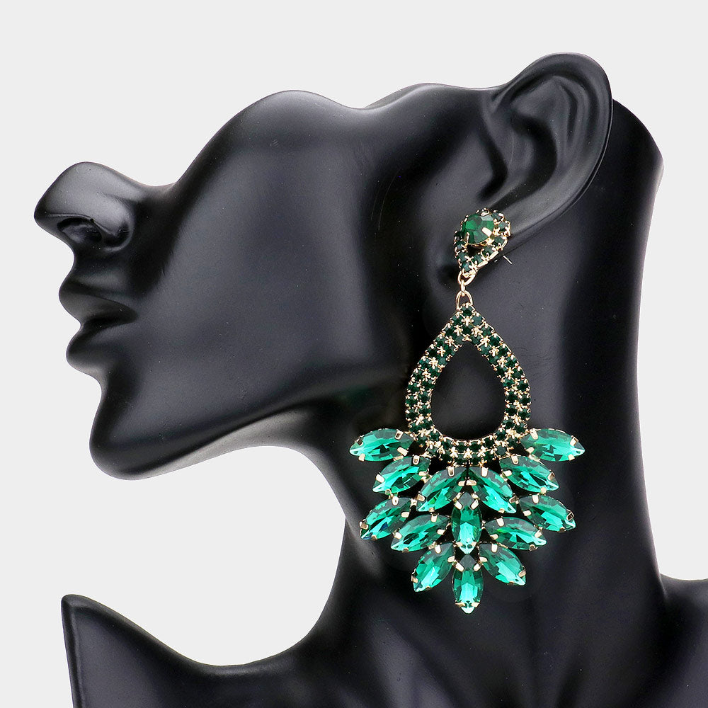 Elegant Marquise Emerald Crystal Cluster Chandelier Pageant Earrings / Prom Earrings