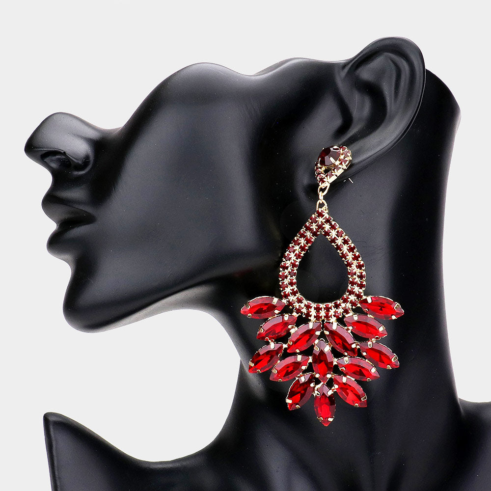 Elegant Marquise Red Crystal Cluster Chandelier Pageant Earrings / Prom Earrings