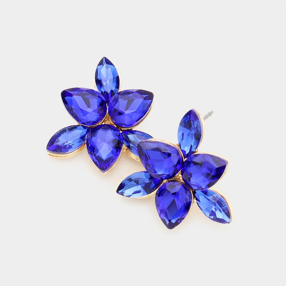 Small Sapphire Crystal Teardrop Cluster Stud Earrings on Gold | Pageant Earrings