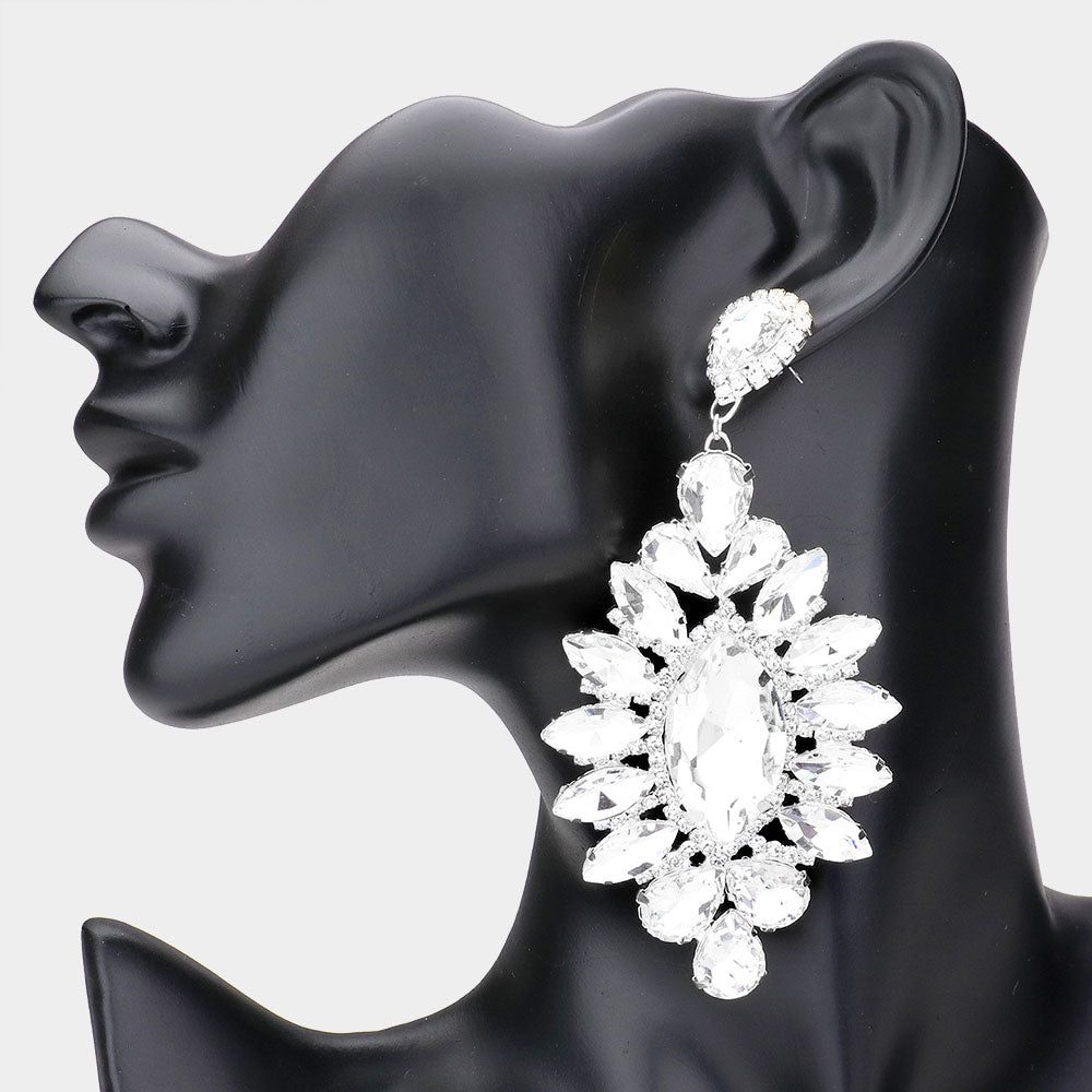 Large Clear Crystal Marquise Stone Center Pageant Earrings  \ Prom Earrings 