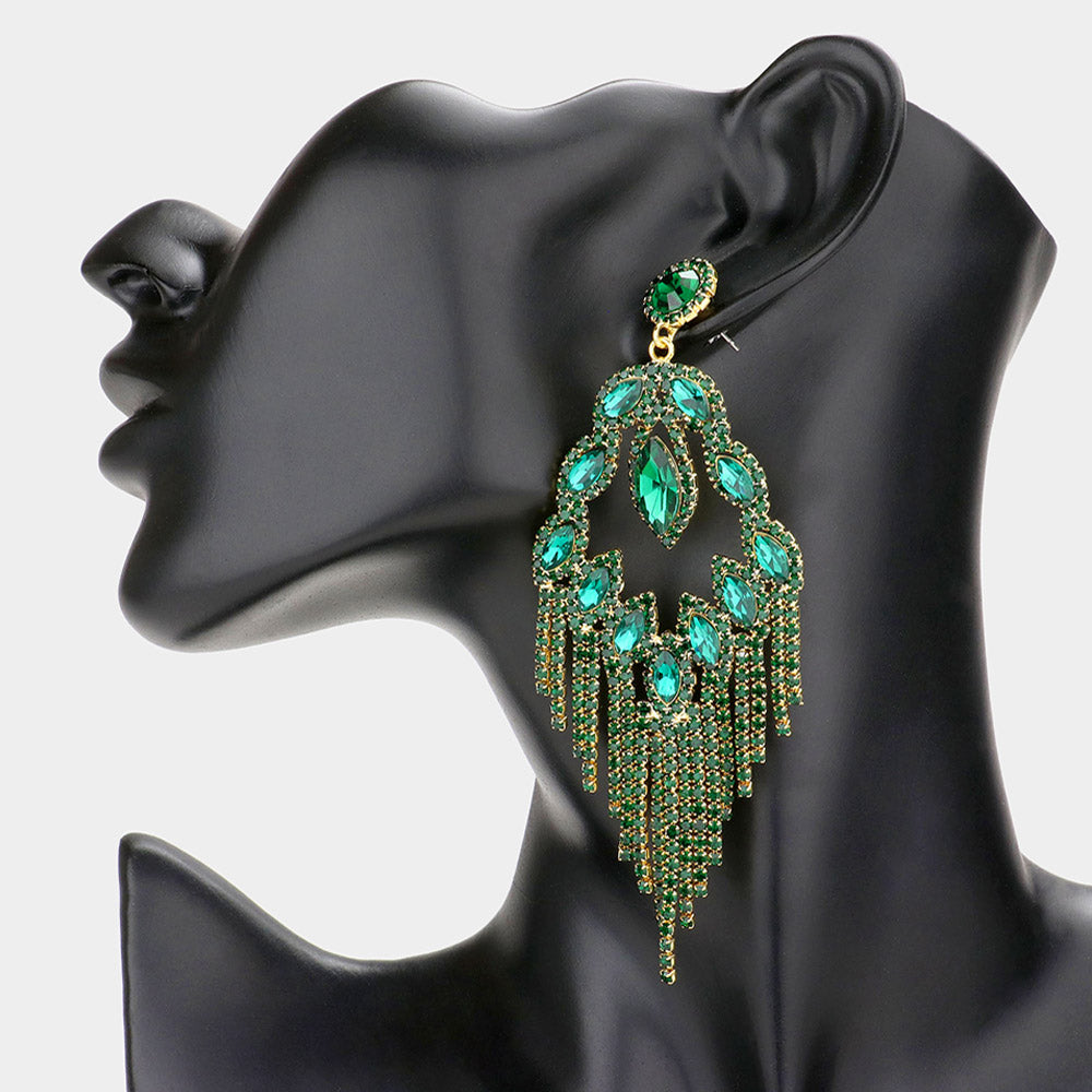 Long Emerald Crystal Fringe Chandelier Pageant Earrings  | Prom Jewelry