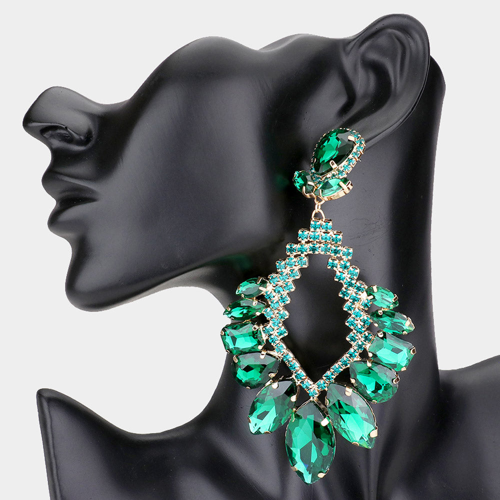 Emerald Crystal Multi Stone Statement Pageant Earrings   | Pageant Jewelry