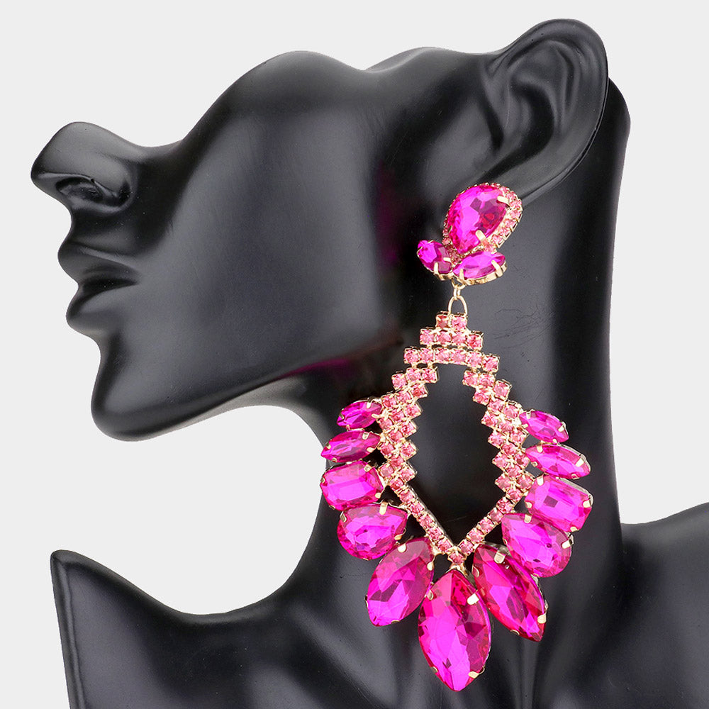 Fuchsia Crystal Multi Stone Statement Pageant Earrings   | Pageant Jewelry