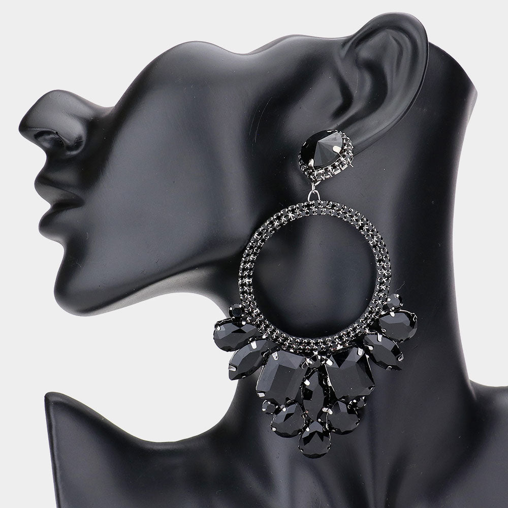 Black Crystal Multi Stone Open Circle Pageant Earrings | Prom Earrings
