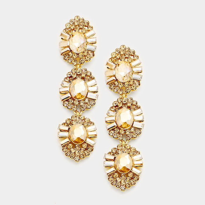 Gold Triple Drop Crystal Dangle Earrings