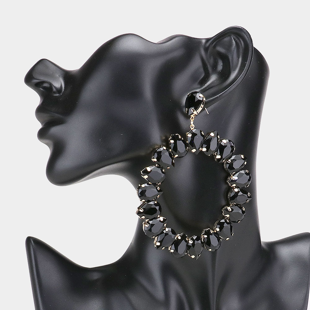 Large Black Teardrop Round Pageant Earrings on Gold | 483438