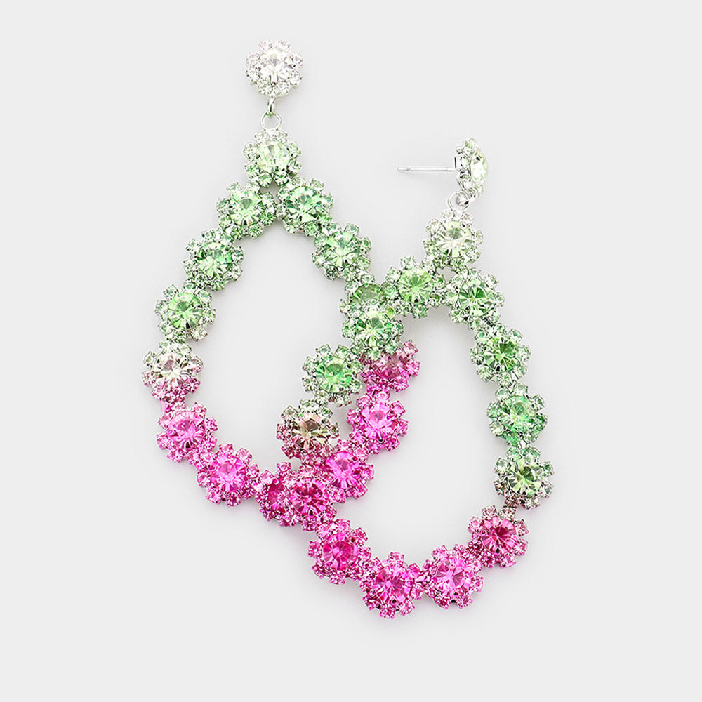 Crystal Open Teardrop Ombre Green to Pink Pageant Earrings
