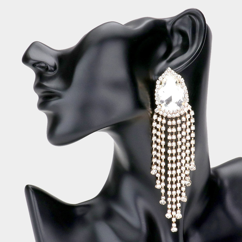 Clear Crystal Stone Fringe Dangle Pageant Earrings on Gold | Prom Earrings