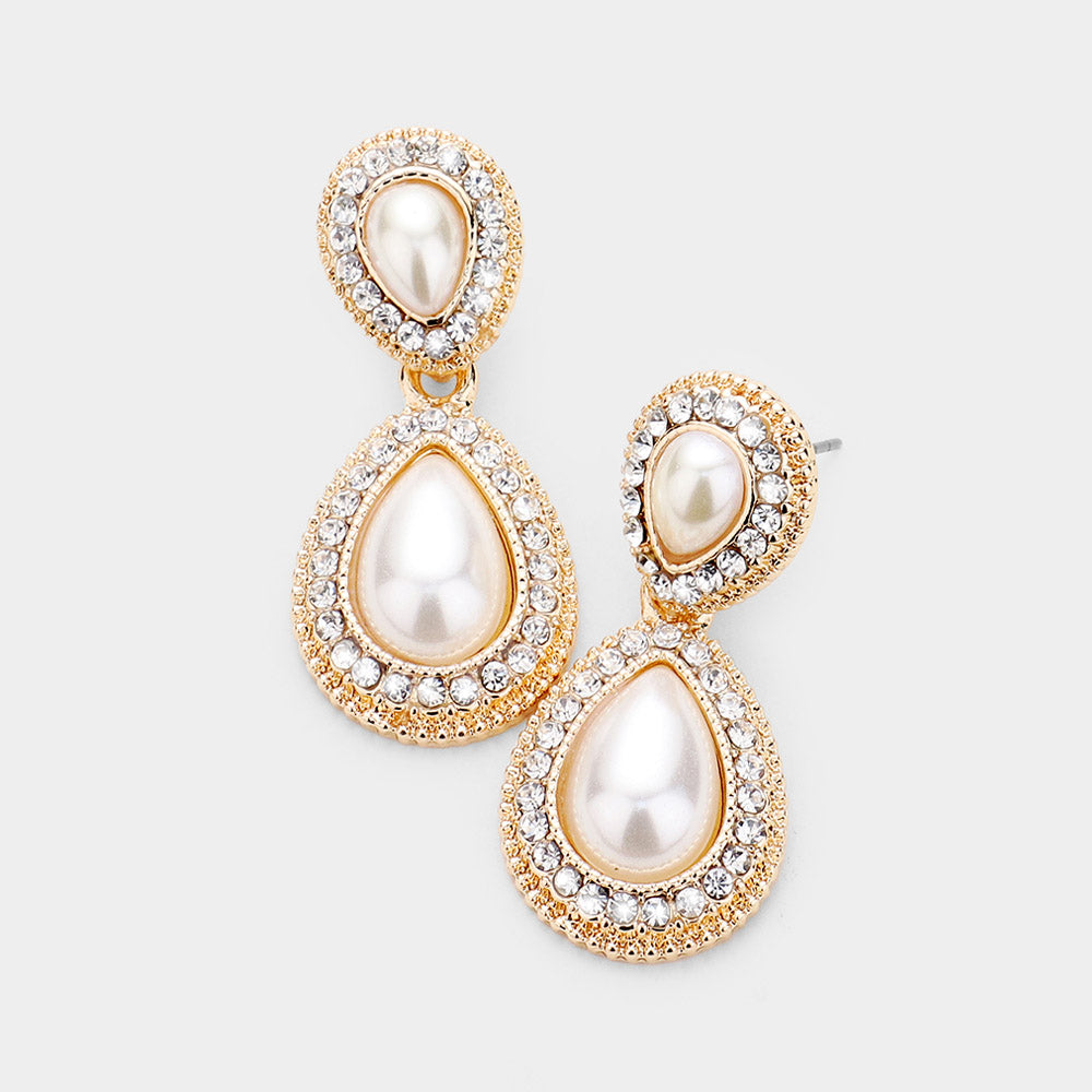 Small Double Teardrop Pearl Drop Earrings on Gold  |  477222