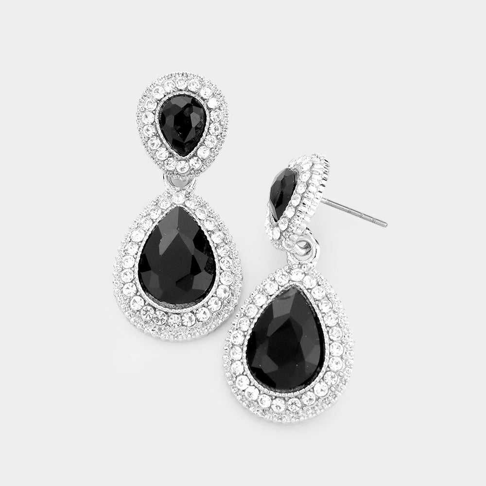 Small Double Teardrop Black Crystal Drop Earrings