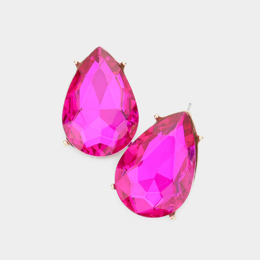 Fuchsia Crystal Teardrop Stud Earrings | Pageant Earrings | Interview Earrings