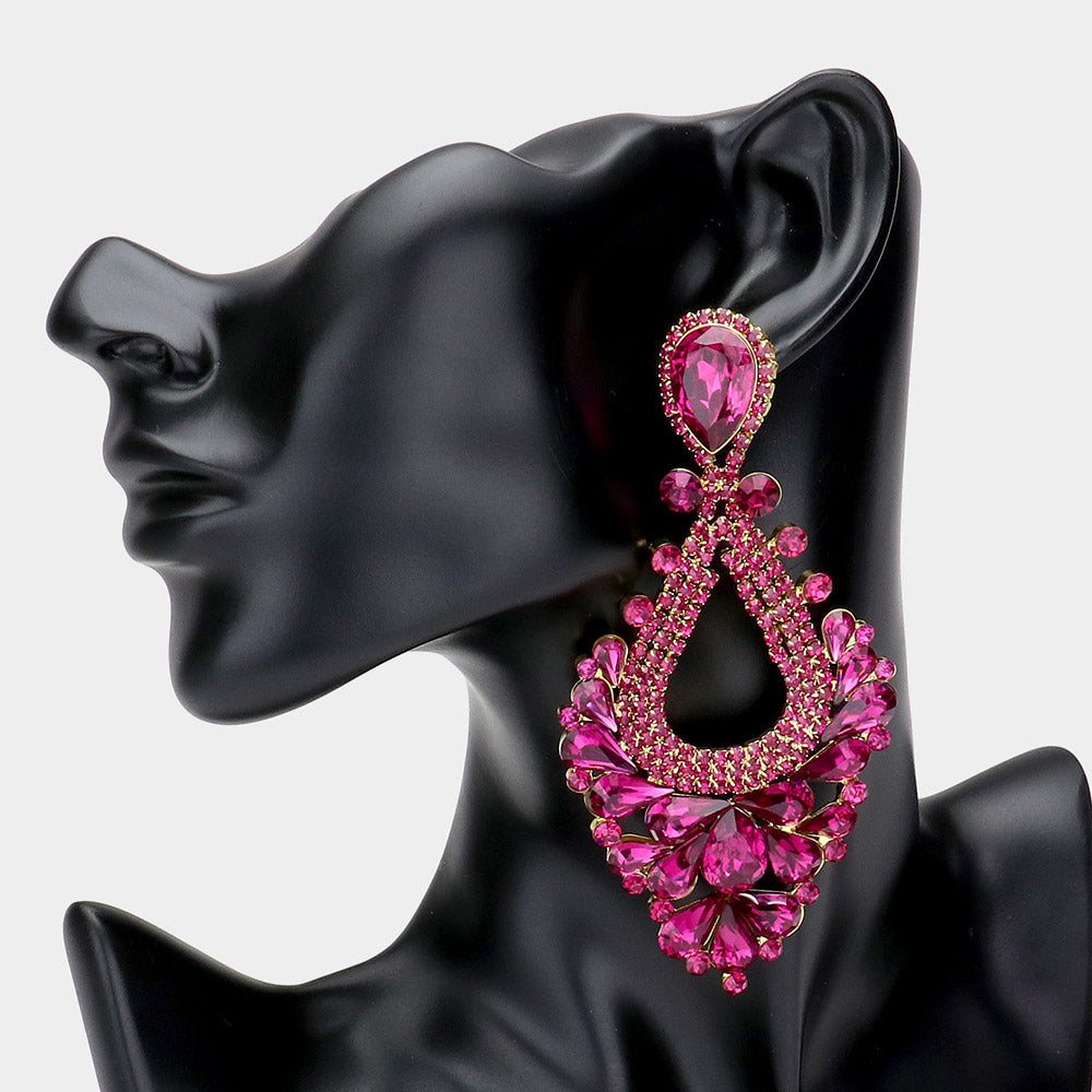 Large Fuchsia Crystal Statement Pageant Earrings