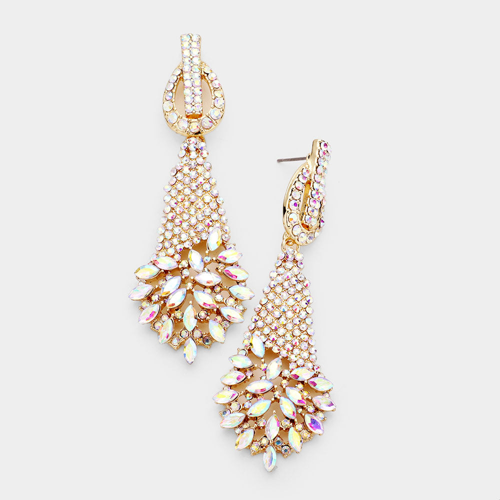 AB Crystal Abstract Cluster Pageant Earrings on Gold | Prom Earrings