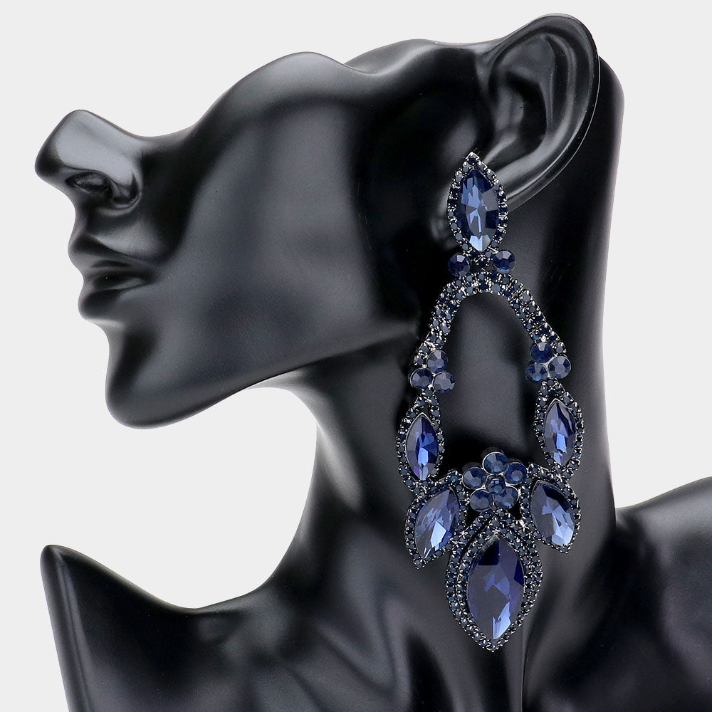 Oversized Navy Crystal Marquise Stone Statement Pageant Earrings