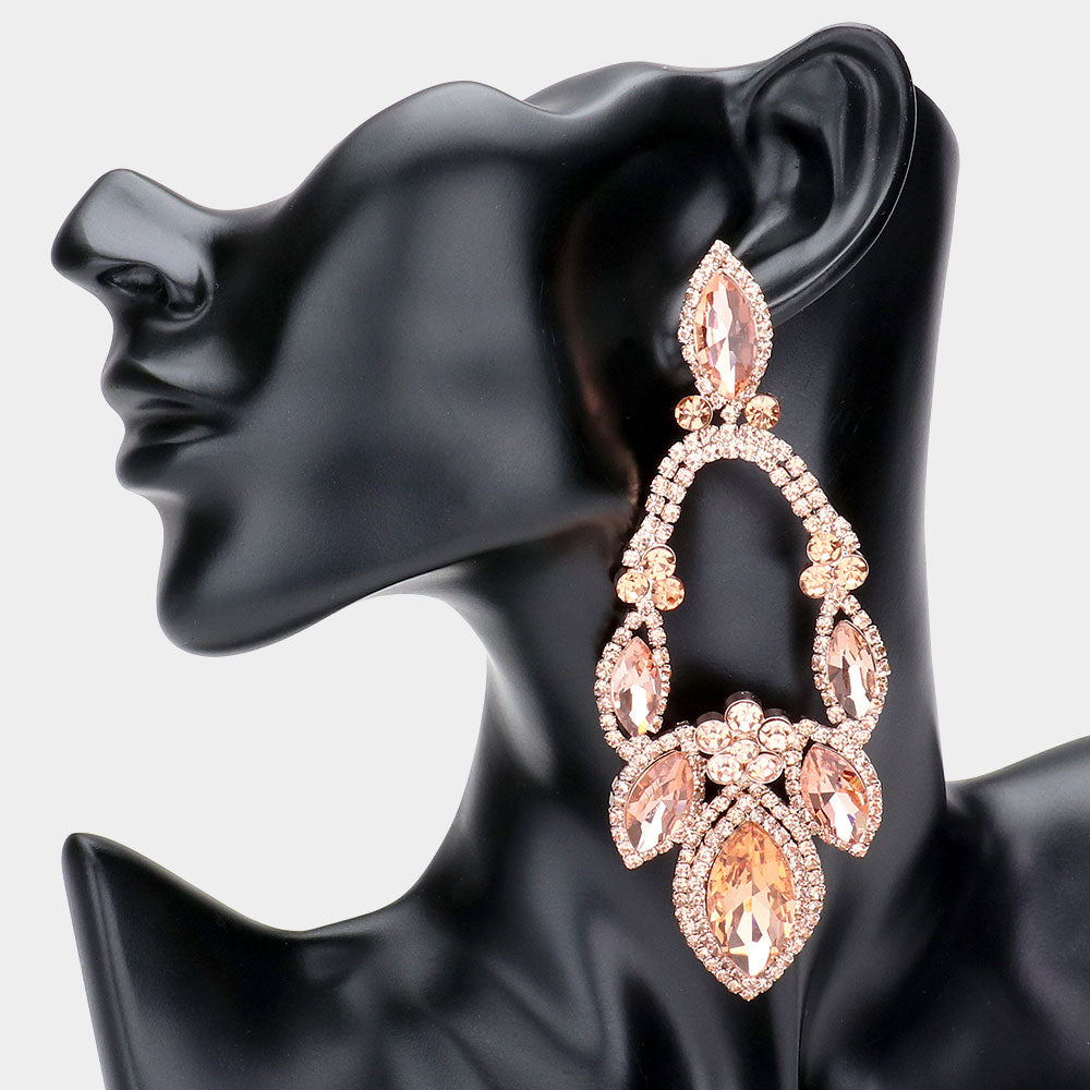 Oversized Peach Crystal Marquise Stone Statement Pageant Earrings